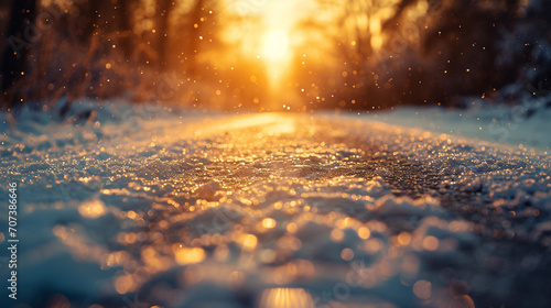 Shot from the ground of a frozen street  with sun in the background