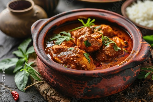Famous spicy red Asian chicken curry a popular breakfast in Kerala served in an earthen pot photo
