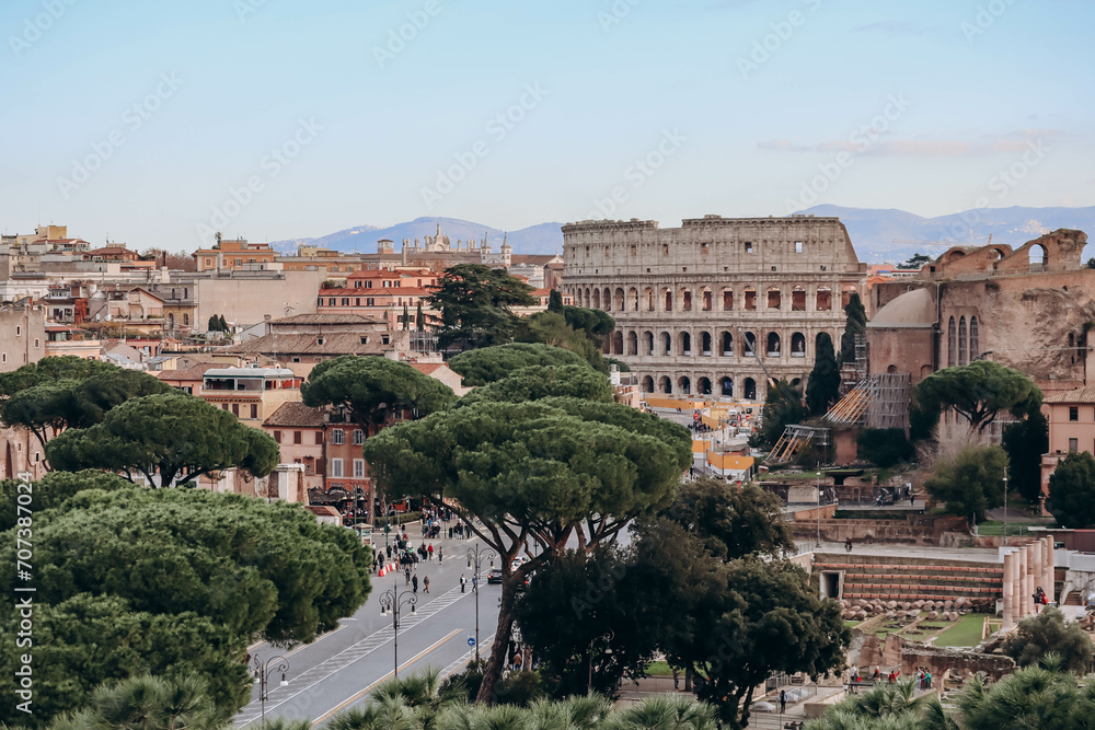 View from the Vittoriano to the Roman Forum and the Colosseum, at sunset