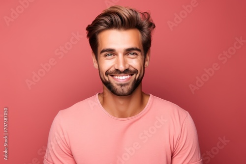 Handsome young man in casual clothes is looking at camera and smiling, on pink background