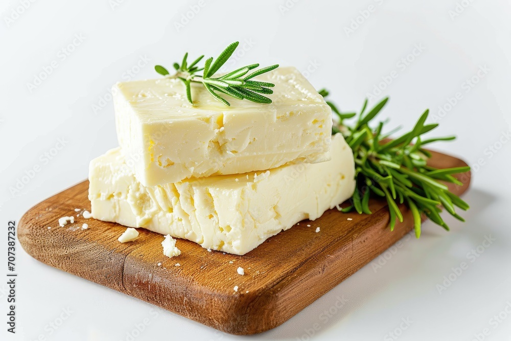 Greek feta cheese on white chopping board