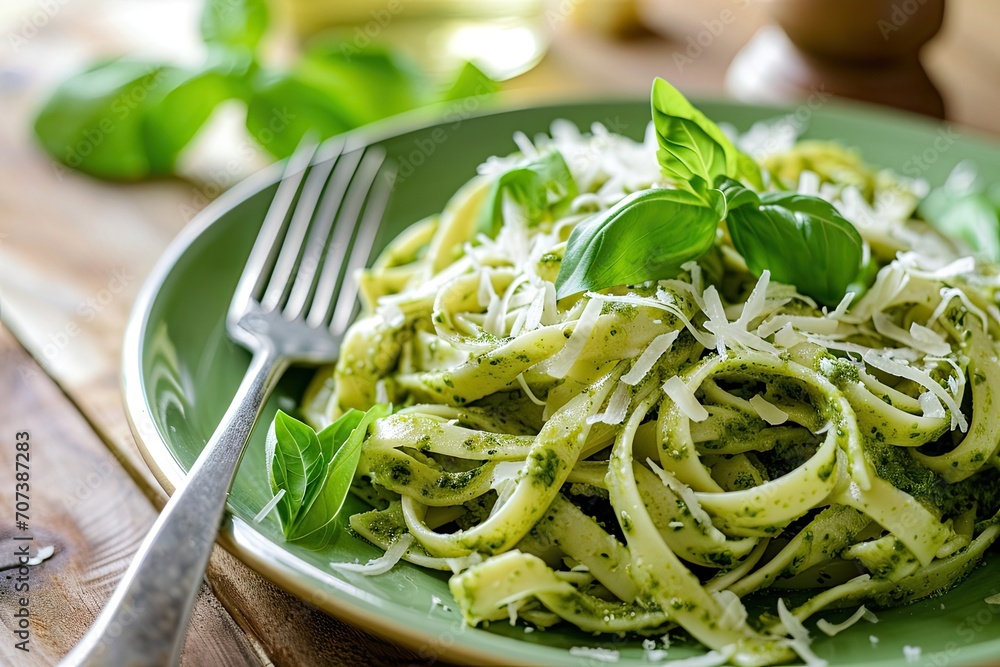 Green pasta bowl with fork green Tagliatelle pesto basil leaves parmesan cheese traditional Italian