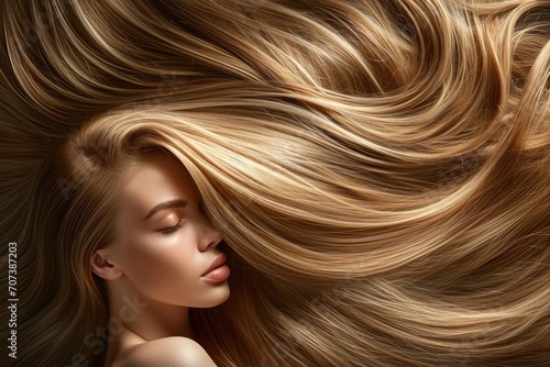 Gorgeous woman with stunning long hair as a backdrop Model with healthy blonde hair Woman with sleek shiny straight hair Hair style Hair products