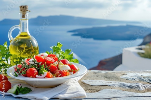 Greek summer concept Olive oil tomato Greek salad displayed with a stunning view of the Aegean Sea