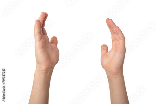 Male hands up isolated on white background. Hands clapping close up