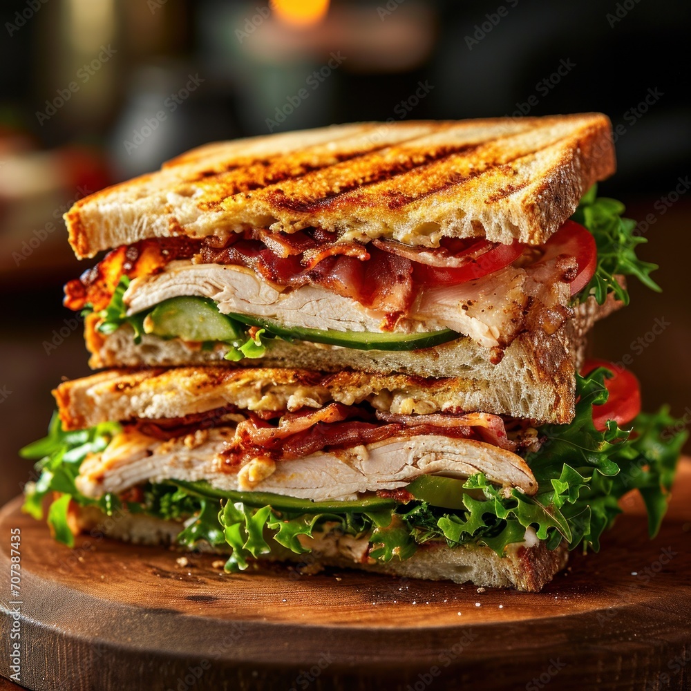 Chicken club sandwich on wooden board. Chicken club sandwich on wooden board.
