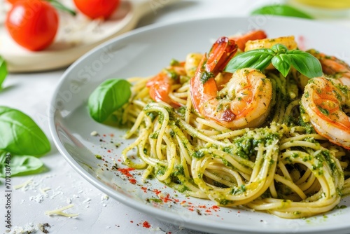 Healthy style food homemade pesto sauce with prawns or shrimps and spaghetti
