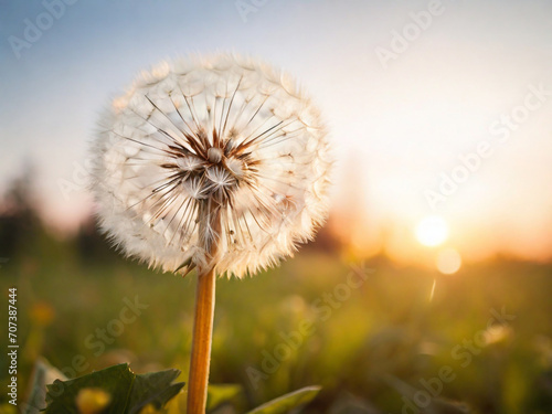 dandelion in the wind. White dandelion in a forest at sunset. Macro image. Abstract nature background. Website  application    template. Computer  laptop wallpaper. Design for landing  
