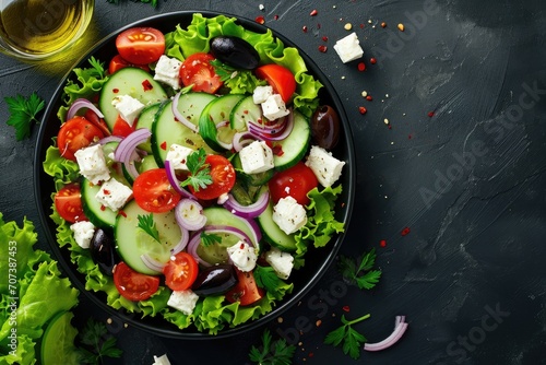 Healthy vegetable salad featuring cucumber tomato olive onion lettuce and feta cheese presented from a top view as a banner