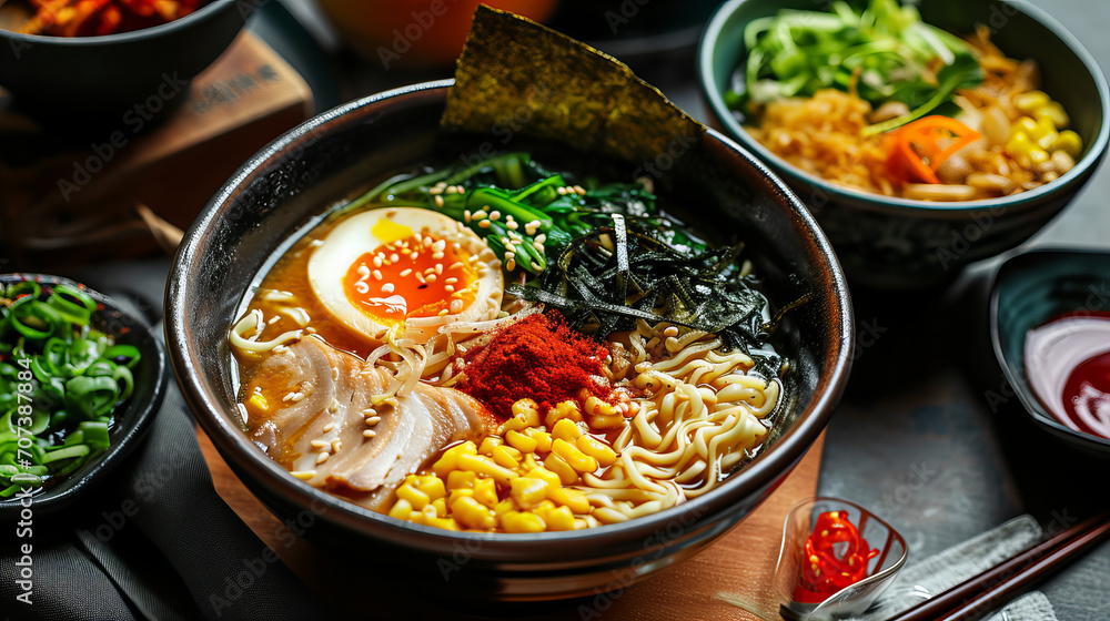 japanese ramen in a bowl with noodles, nori and egg japanese ramen in a bowl with noodles, nori and egg