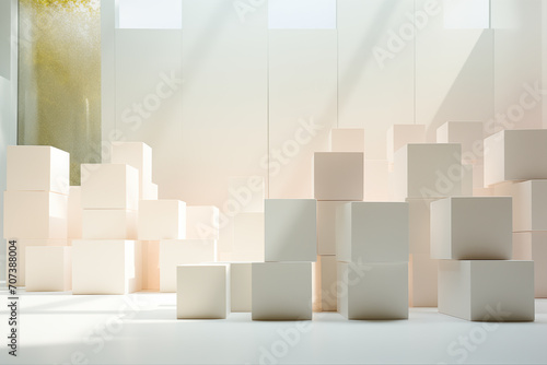 Sunlight streams through an installation of white cubes, casting a play of light and shadow in a modern space