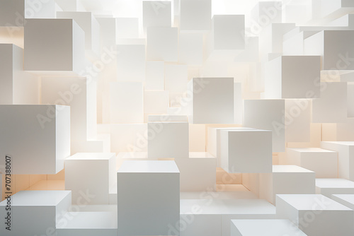 Soft-lit array of white cubes creating an abstract and minimalist architectural space
