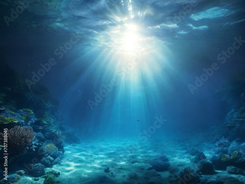 underwater view of a reef with fishes, Underwater Sea - Deep Water Abyss With Blue Sun light. Website, application, games template. Computer, laptop wallpaper. Design for landing