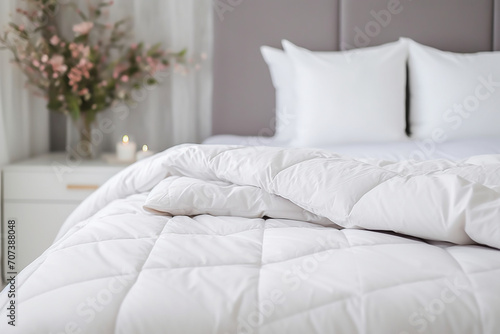 white soft duvet lying against background headboard with pillows,bedside table with flowers,candles,close-up,concept preparing for winter season,household chores,comfort in house,hotel,home textiles photo