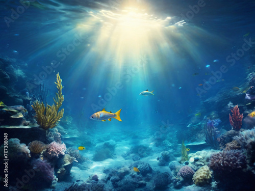 underwater view of a reef with fishes, Underwater Sea - Deep Water Abyss With Blue Sun light, fish tiny and small around, center is free. Website, application, template. Computer, laptop wallpaper