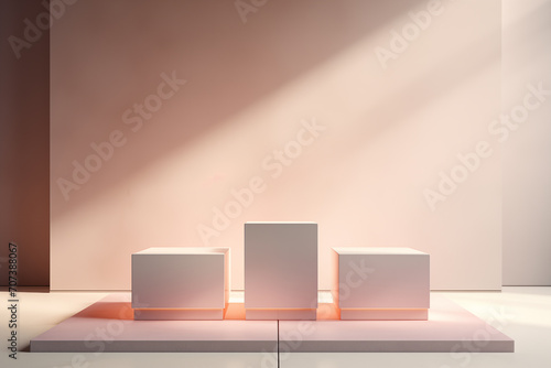 Three simple white cubes on a pink platform with soft warm lighting casting a gentle shadow in a minimalist setting.