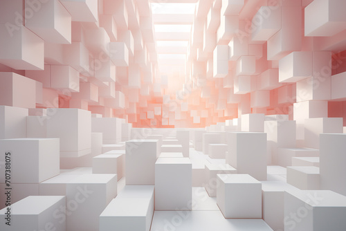 An expansive maze of white cubes with a coral-toned glow emanating from the end, creating a futuristic and abstract atmosphere.