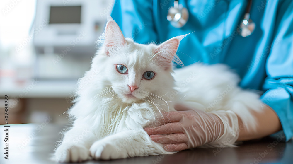 white maine coon cat lying on a table a vet's surgery, held and examined by a vet