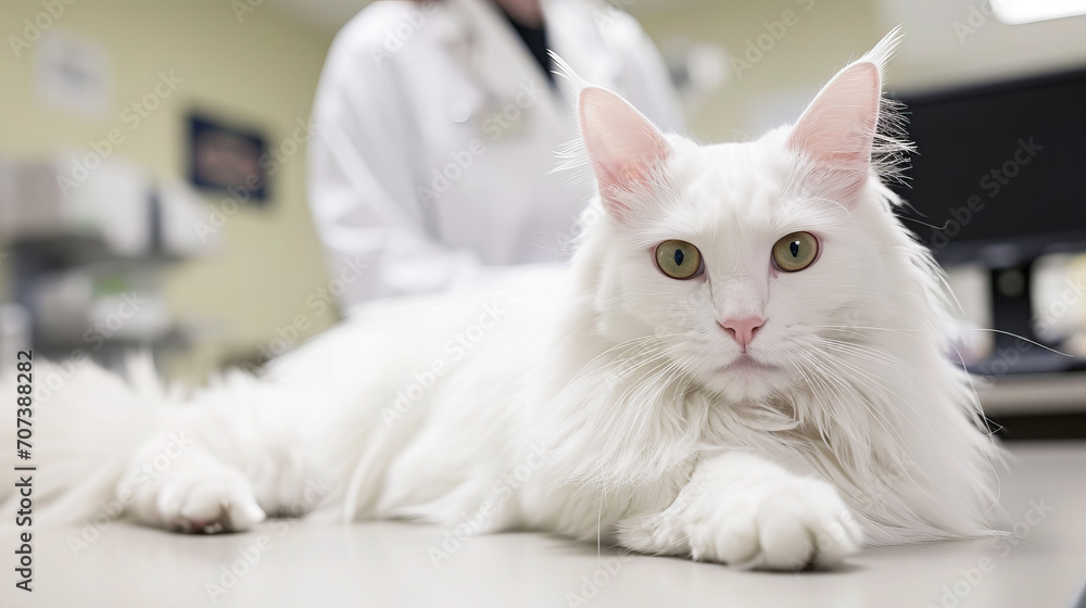 white maine coon cat lying on a table a vet's surgery 