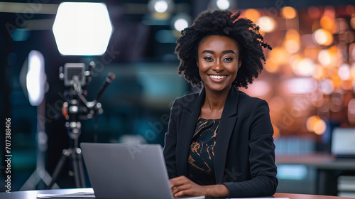 smiling tv news host in a studio sitting at a laptop photo