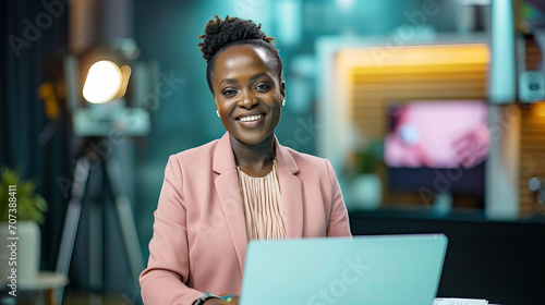 smiling tv news host in a studio sitting at a laptop