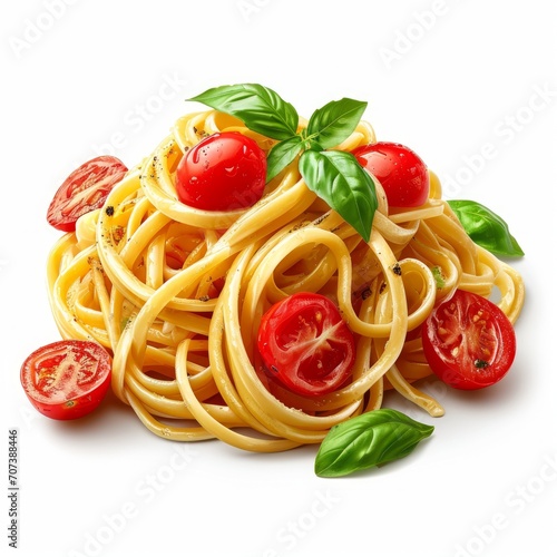 talian linguini pasta with tomatoes and basil is isolated on a white background. 