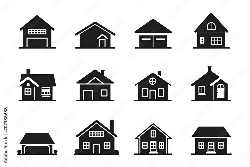 Fototapeta premium An eerie yet striking contrast of light and dark emerges as a row of black houses with intricate windows stand tall, a hauntingly beautiful sight to behold
