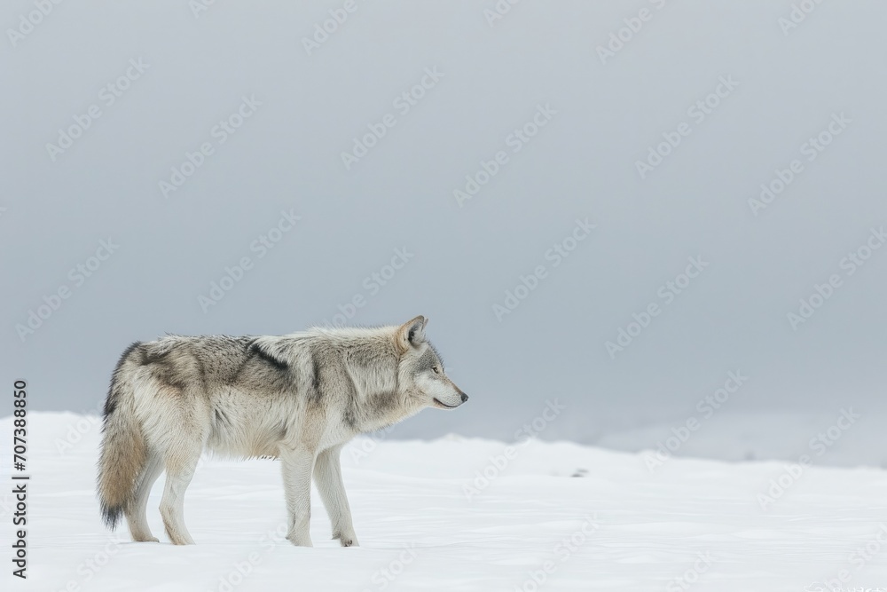 A majestic red wolf, a wild canis, stands tall in the freezing winter snow, a symbol of untamed nature and fierce beauty