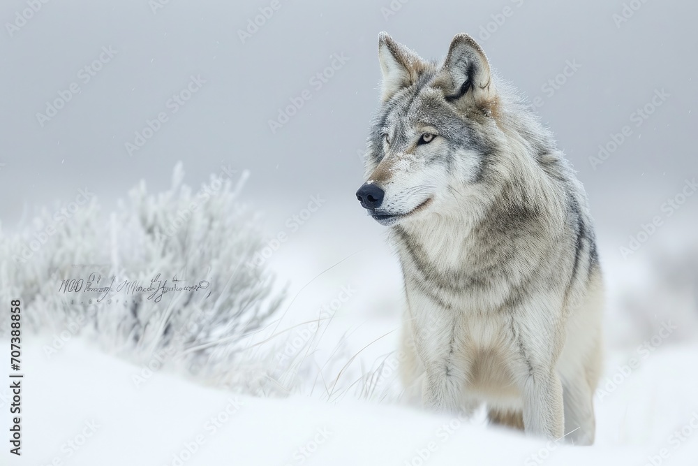 Fototapeta premium A majestic red wolf, part of the canis family, braves the freezing winter as it stands proudly in the snow-covered wilderness, embodying the untamed spirit of the wild