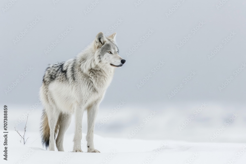 Naklejka premium A majestic red wolf stands tall in the frozen landscape, a symbol of resilience and strength in the face of harsh winter conditions