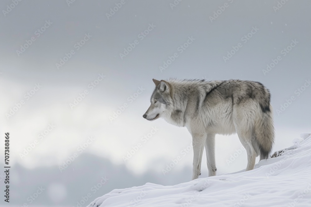 A majestic wolf braves the freezing winter landscape, its powerful presence evoking the wild spirit of the arctic and the resilience of its canis ancestors