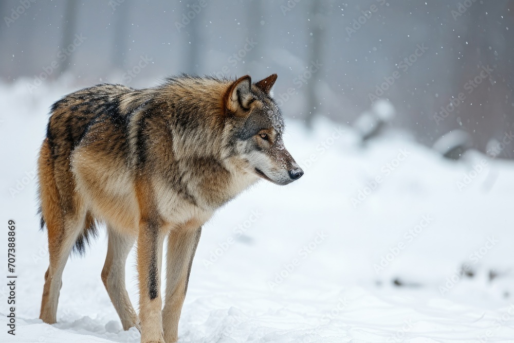 A majestic canis stands tall in the wintry landscape, embodying the fierce and resilient spirit of the wolf in the face of the freezing elements