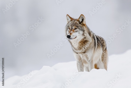A majestic mammal  a wolf  stands tall in the winter wonderland of snow  showcasing its wild and fierce nature as it braves the freezing cold of its natural habitat