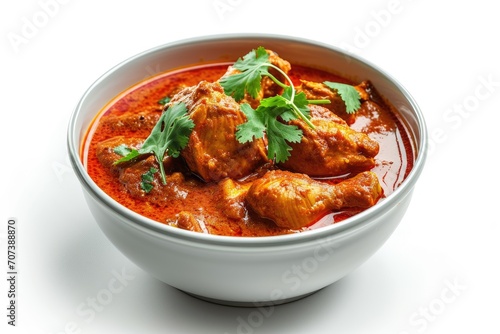 Indian chicken curry on white background