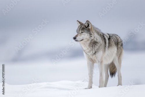 A majestic wolf, its thick fur glistening in the freezing winter snow, stands tall as a symbol of fierce resilience and untamed wilderness