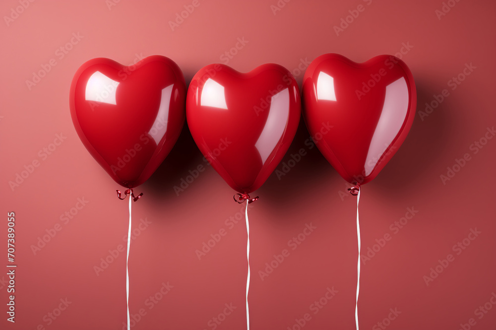 Glossy Red Heart-Shaped Balloons Against a Matching Red Background - Valentine's Day - love - Generative AI
