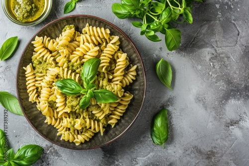 Italian homemade fussili pasta with basil pesto and herbs presented on a gray stone background offering a delightful and nutritious meal idea