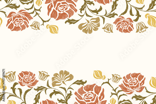 Rose flower border frame background vintage rose flower motifs. Ethnic Ikat pattern Europe baroque style. Bohemian orange colour vector illustration design