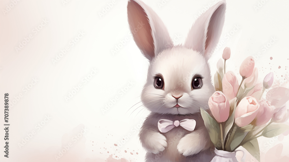 Obraz premium Cute bunny with a bow and a bouquet of flowers, painted in watercolors in gentle, pastel colors for an Easter, greeting card, greeting, congratulation.