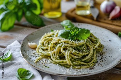 Pesto pasta on a plate at the table