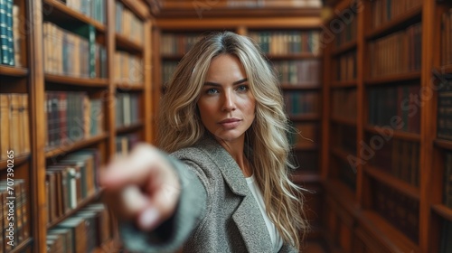 Woman Pointing at Camera in Library