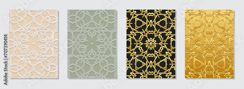 Set of artistic covers, vertical templates. A collection of embossed, geometric backgrounds with ethnic gold 3D patterns. Ornamental handmade creativity of the East, Asia, India, Mexico, Aztec, Peru.