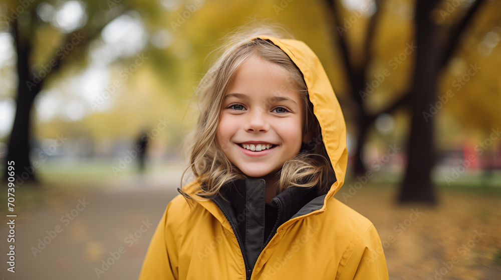 Portrait of a smiling girl with blue eyes, blond hair in a hood in the park. Portrait of a smiling girl with blue eyes, blond hair in a hood in the park.