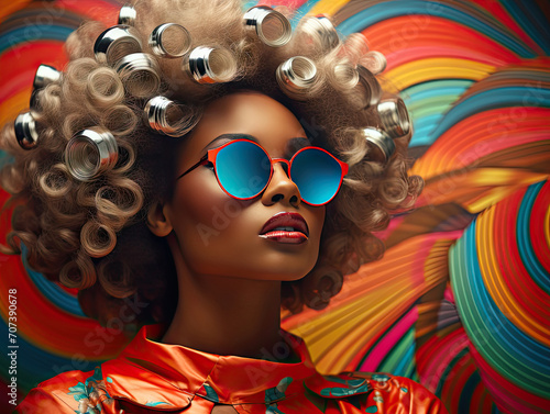 moda original creativa colorida Elegancia Retro Futurista mujer afroamericana, tonos rojos