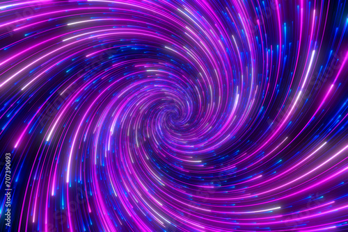 Minimal spiral in rotation. Abstract background in blue and purple neon colors. Rotating galaxy. Space background for event, party, carnival, celebration, anniversary or other. 3D rendering.