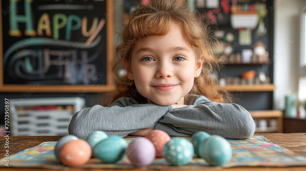 A small, cute girl with colorful eggs on her table A small, cute girl with colorful eggs on her table