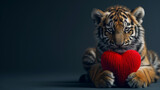Cute little tiger cub with a red knitted heart on a dark background.