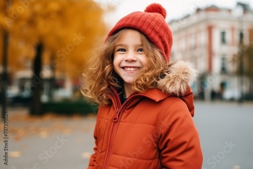 Outdoor portrait of cute little girl in red coat and hat, smiling