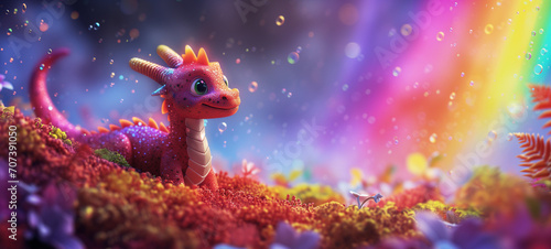 A cute, kind, rainbow dragon walks through a magical, fairy-tale forest with soap bubbles.