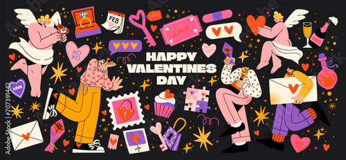 Cartoon poster for St. Valentine's Day on February 14 in retro 90s style. Romantic elements, love envelope, hearts,love, gifts. Vector shapes big set.